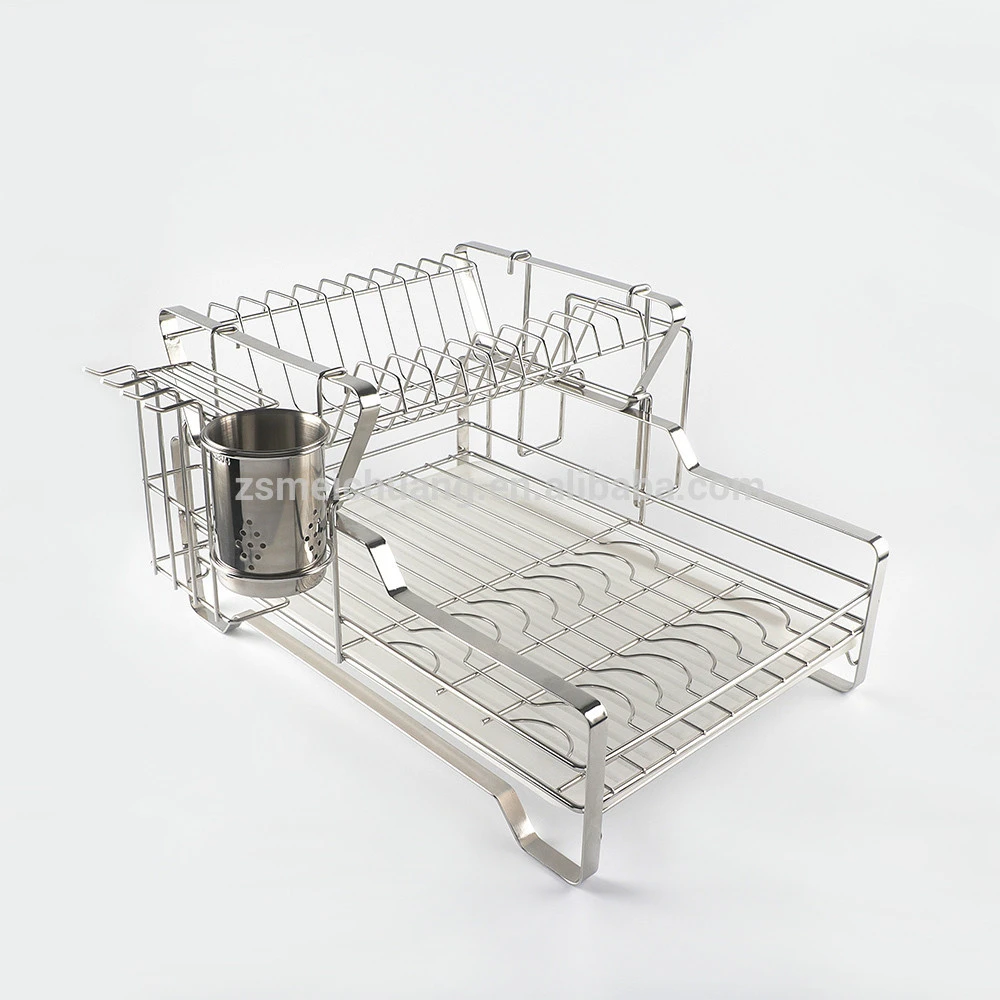 Space saving stainless steel 2 tier dish rack and drainer