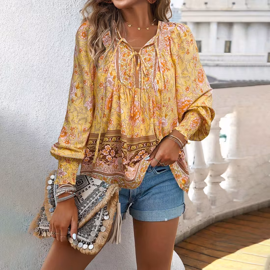 Import 2025 European and American Womens Blouse Temperament V-Neck Long Sleeved Top from China