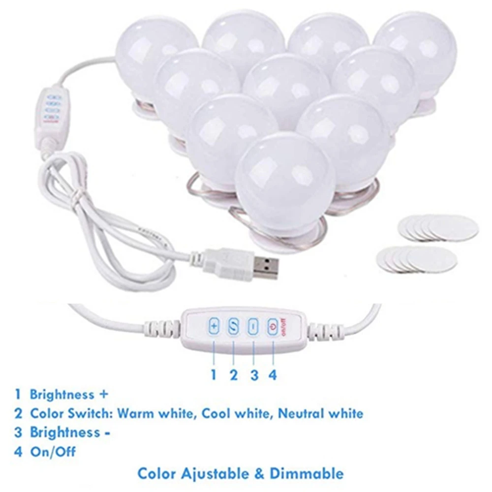 Stepless Dimmable Hollywood Vanity Mirror Light USB LED 5V Makeup Lamp 10/12 Bulbs Kit For Dressing Table
