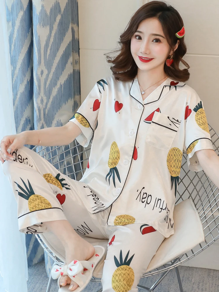 Summer Nightwear Woman Silklike Printing Cardigan Short Sleeve Sleep Wear Two Piece Pajama Set Womens Sleepwear
