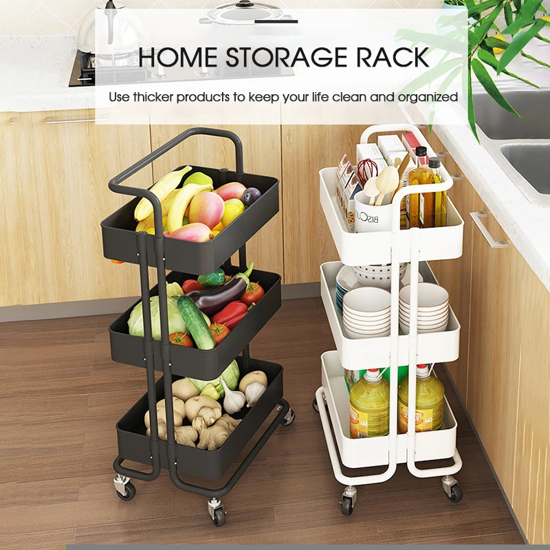 Three Tier Movable Home Kitchen Organizer Tool Storage Racking Trolley  Home Kitchen Utility Rolling Cart