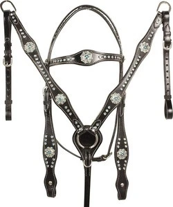 Top quality Cowgirl Western Barrel Racing Silver Show Horse TACK Set Leather Headstall REINS Breastplate by Hami Land Sport