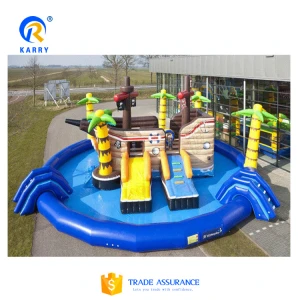 Top quality inflatable swimming pool with slides 0.9mm PVC pirate ship inflatable water park with pool
