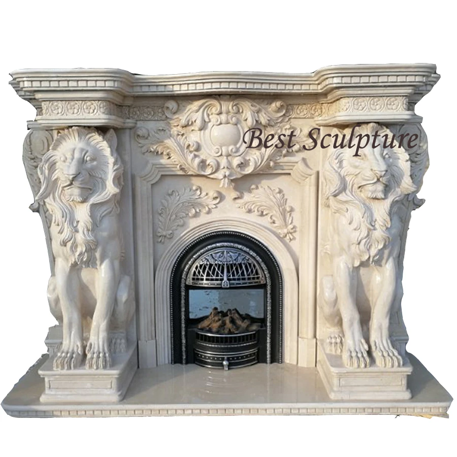 Western Style Beige Marble Fireplace Mantel with Lion Statue Sculpture