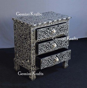 White &amp; Black Bone Inlay Bedside Nightstand Table