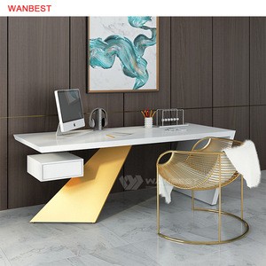 White artificial Stone Gold Stainless Steel Luxury Design CEO Unique Office Desk