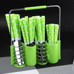 Wholesale cubiertos bamboo grain plastic handle flatware sets dinnerware 24pcs stainless steel cutlery set with plastic stand
