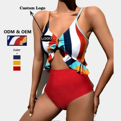 Wholesale Stripe Lace up Ruffle One Piece Thong Monokini Swimming Wear Bathing Suits Swimwear Designer Bikini