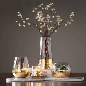 Wholesale Transparent Living Room Flower Arrangement Home Lily Flower Dryer Simple Golden Flower Vase Glass Vase