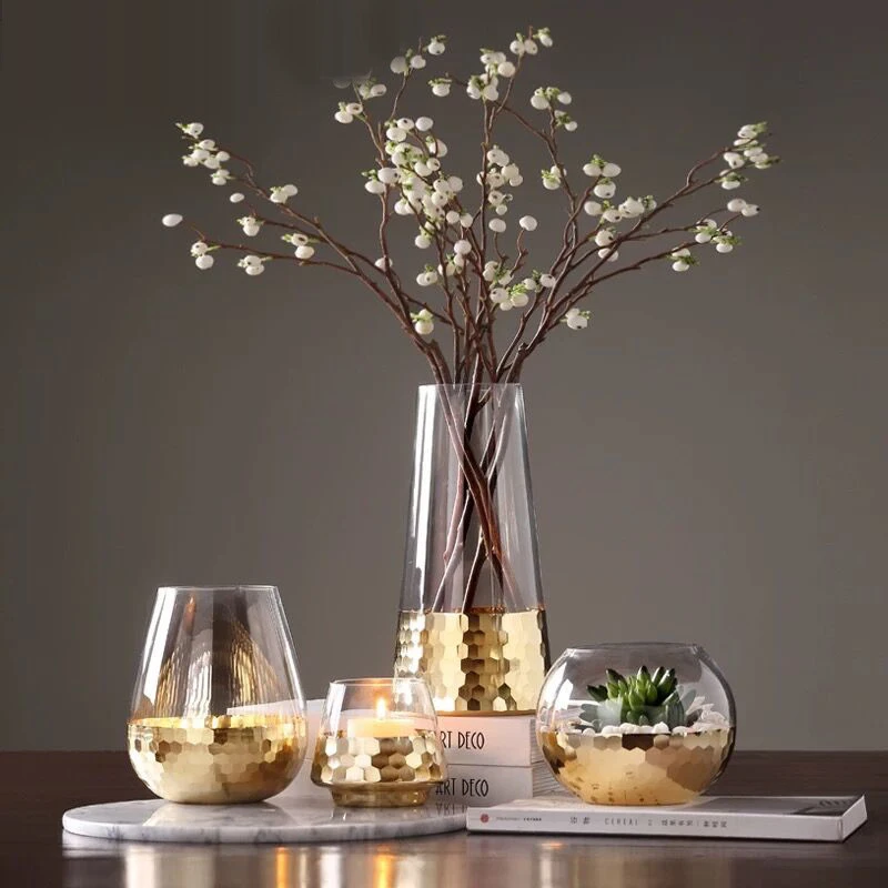Wholesale Transparent Living Room Flower Arrangement Home Lily Flower Dryer Simple Golden Flower Vase Glass Vase