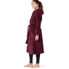 Womens Jacquard Bath Robe Girls Ladies Red Cotton Terry Cloth hooded Bathrobe with Two Curved Patch Pockets peignoir femme