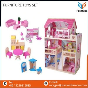 Wooden Miniature Dollhouse Kids Pretend Play Furniture Toy with Dolls