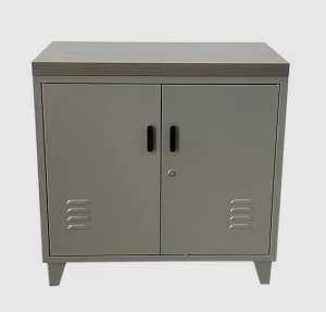 Steel double door cabinet with wooden desktop applicate in restaurants, hotel rooms and offices