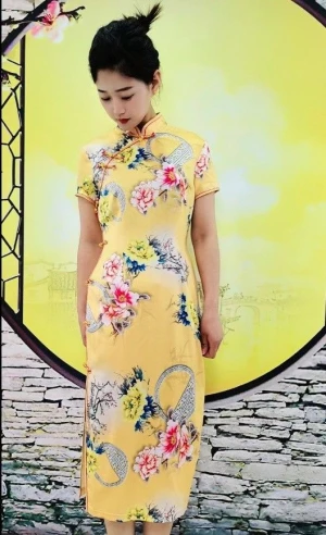 Retro style yellow cheongsam dress for women