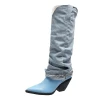 Korea style denim leather high boots with decorative pattern