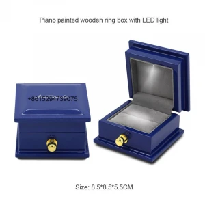 Professional supplier custom small beautiful luxury piano painted blue wooden wedding ring box with LED light