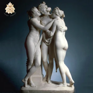 Detailed carving custom elegant nude hugging white marble stone three ladies statue