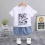 Import 1-4 year Boy summer new product children round neck cartoon shark T-shirt denim shorts infant two-piece clothes set wholesale from China
