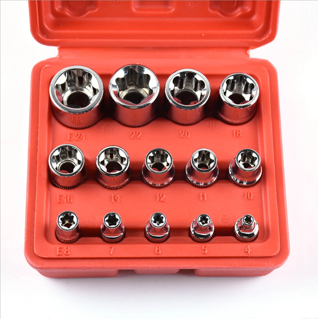 14PCS  E Torx Star Female Bit Sockets Set 1/2" 3/8" 1/4" Drive E4 - E24 Repair Hand Tool Set