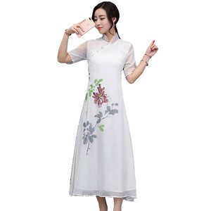 2018 Chinese style improved new literary chiffon printing cheongsam dress