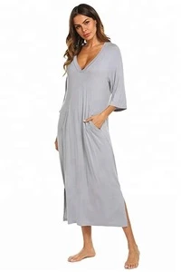 2019 New hot sale Sleepwear Womens Casual V Neck Nightshirt 34 Sleeve Long Nightgown S-XXL with Pocket