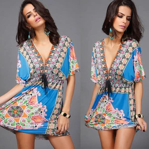 2019 Wholesale Products Ethnic Printed Short Sleeve With V Neck Women African Clothing Dresses