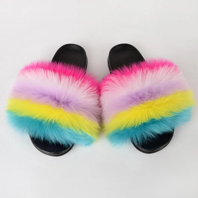 2021 hot sale soft EVA sole Fake fur slides with sandals for women racoon slippers