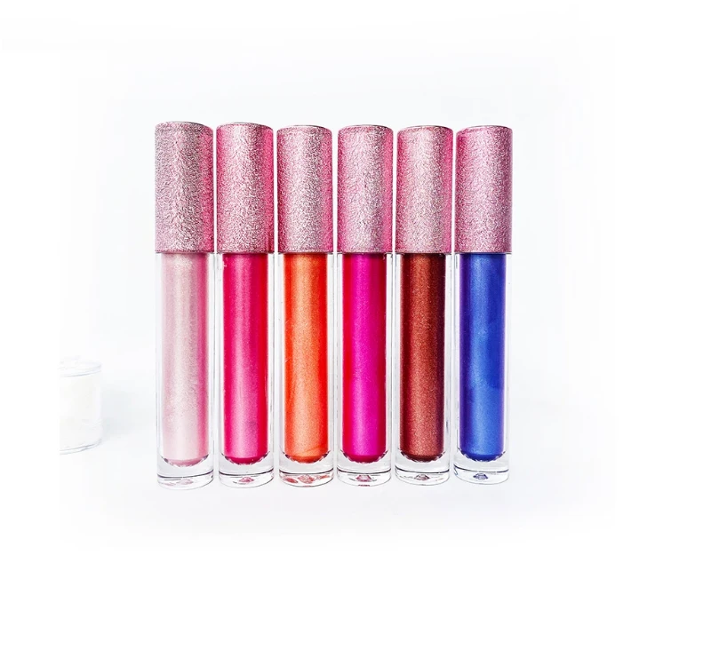 2021 Personalised Pigment Glitter Customize shiny Pink Tube Round Private Label Cosmetics 6colors Metallic Lip Gloss