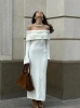 2024 autumn and winter  one collar dress knitted woolen dress flip collar off shoulder european and american style