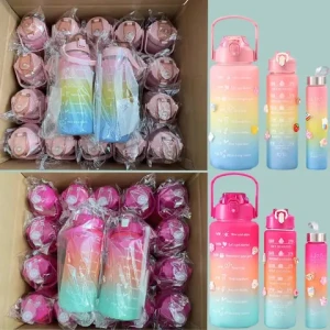 3 Pcs In 1 Set 2l Direct Drinking Plastic Sport Bpa Free Gym Fitness Motivational gym Water Bottles With Straw And Handgrip