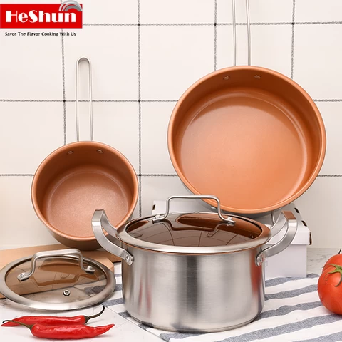 6 pieces anti-stick ceramic pot cookware set non stick pan 3 ply stainless coating steel cookware