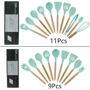 Amazon Hot sale 9 pieces 11pieces silicone kitchen Utensils cooking tools with wood handle spoon coffee