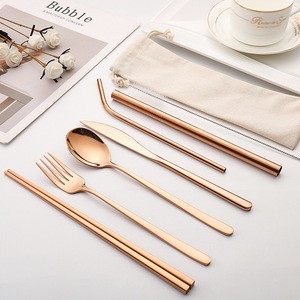Amazon Hot Selling 5 Pcs Wedding Rainbow Copper Black Modern Gold 304 Stainless Steel Chopstick Fork Knife Spoon Flatware Sets