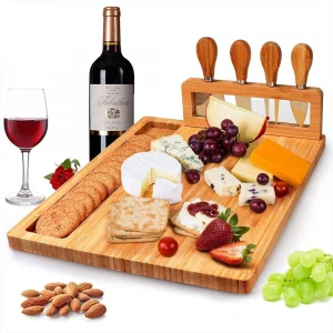 Bamboo Cheese Board Meat Charcuterie Platter Serving Tray W/ 4 Tableware Stainless Steel Knife, Home Kitchen Food Server Plate