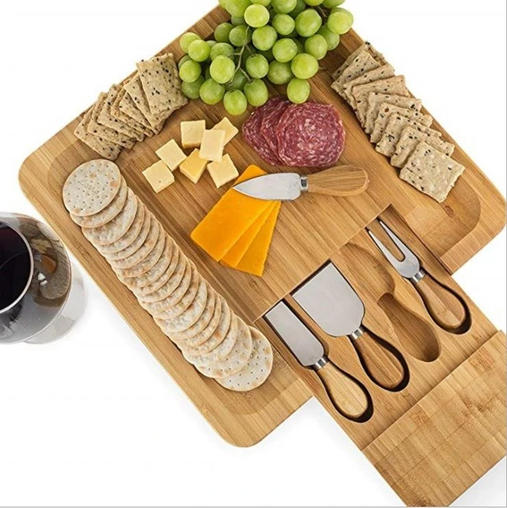 Bamboo Wood Charcuterie Platter Magnetic Slide-Out Drawers Cheese Board Set With Cutlery Knife