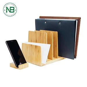 Bamboo Wood File &amp; Folder Sorter - Desk Tray with 5 Vertical Sections &amp; Phone Holder - Storage Shelf Rack Stand for Office Supp