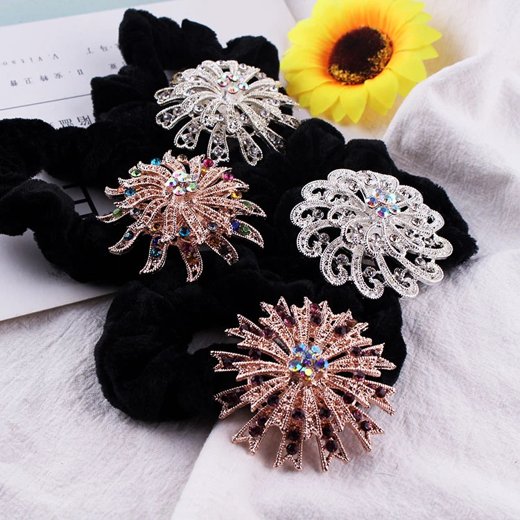 Black Flannel Rhinestone Bow crystal pearl elastic hair bands metal alloy rhinestone flower hair ring