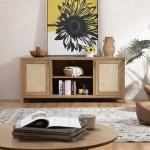 Bohemian TV Stand Rattan TV Console with Storage and Shelves 26 Tall Wooden TV Control Centre For Living Room