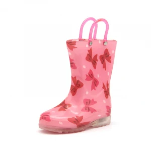Bow pattern children led light up rainboots baby girls waterproof shoes rain boots with handle