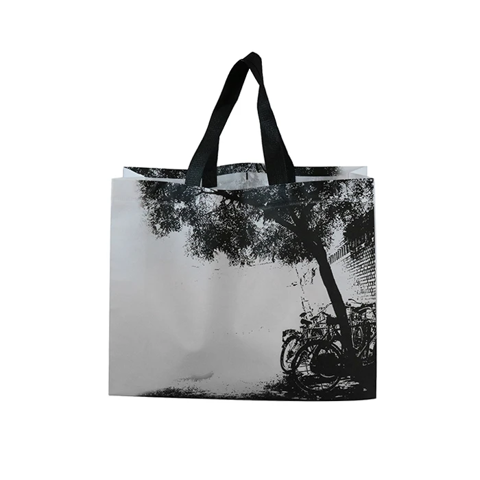 Cheap Promotional Durable Black Handle Ultrasonic Laminated Non Woven Bag With Logo Printing