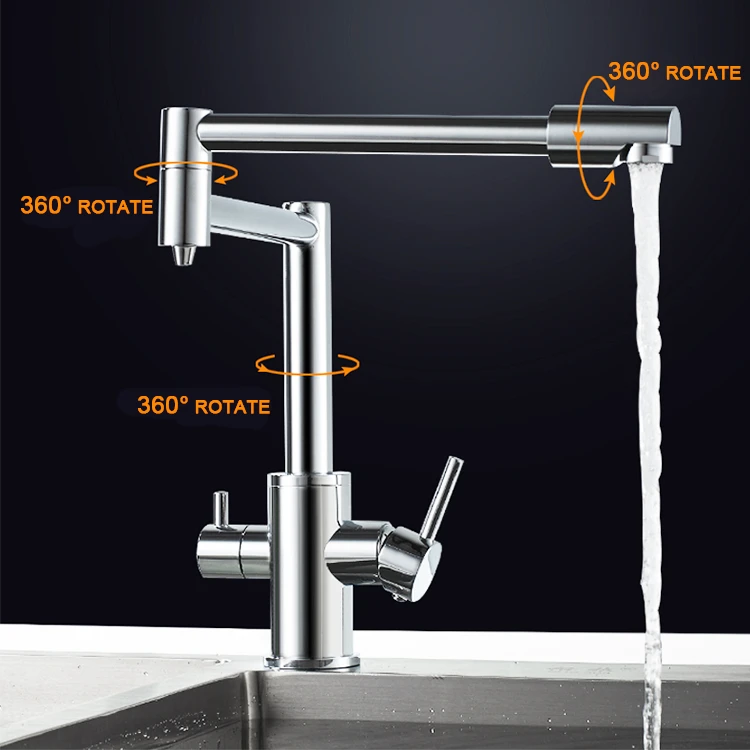 Contemporary style brass pull out folding universal rotation water purifier kitchen faucet for sink with flexible hose