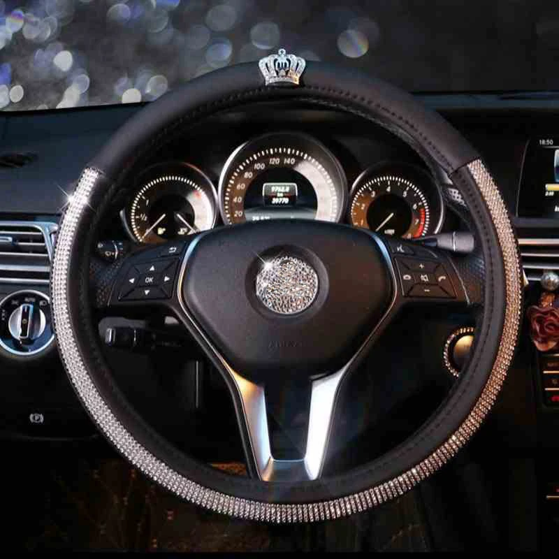 Crystal Rhinestone Bling Steering Wheel Cover Leather with Diamond Crown For Girls Car Interior Accessories