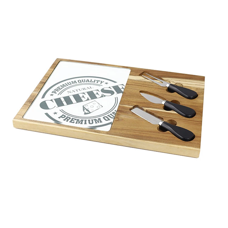 Custom Logo Eco-Friendly Rectangle Acacia Wood Cheese Board Set with Knives
