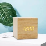 Customized Corporate Gift Cube Square Desk Table Lectronic Desk Clock Sound Control Digital Wooden Led Alarm Clock