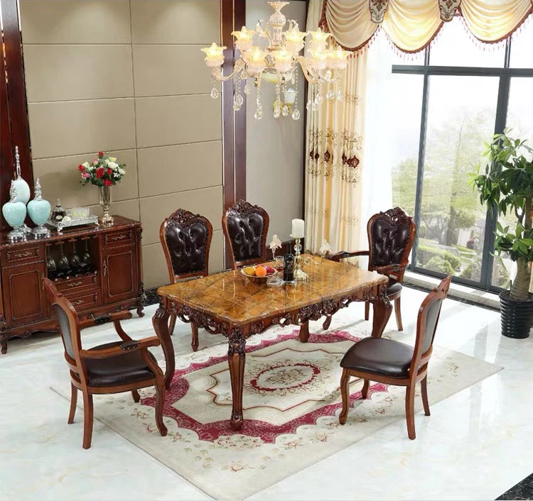 Customized high-end luxury European style solid wood dinning table set marble dining room furniture