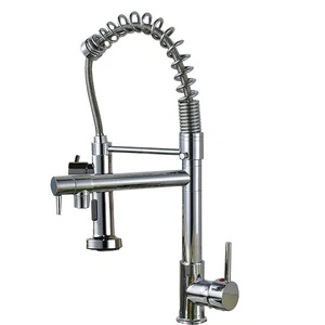 Deck Mounted Chrome Water Purification Dual Swivel Spout Kitchen Faucet Pull Out Long Neck Sprayer Mixer Sink Tap