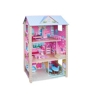 Educational cheap Child Pretend Triple Floors Wooden girl Doll House box Toy