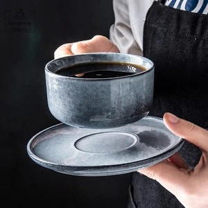 European-style Luxury Glossy Drinkware Grey Ceramic Fambe Coffee Tea Cups with Saucer