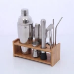 Factory Direct 750ml coated stainless steel bar tools boston bartender cocktail shaker bar tools set with bamboo wood stand