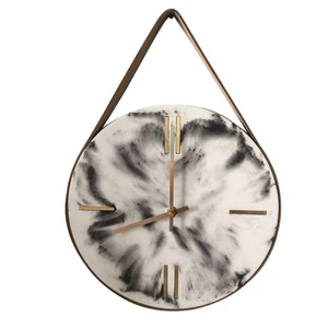Fancy design hanging genuine leather cement decorative wall clock with gold clock hand